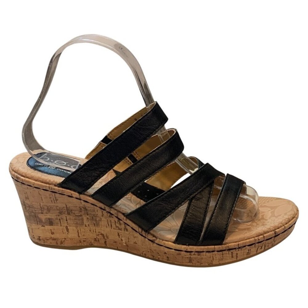 Boc Born Concept Comfort Strappy Cork Wedge Sandals Black Leather Sz 9